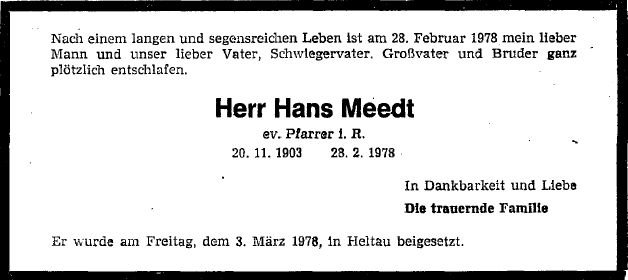 Meedt Hans 1903-1978 Todesanzeige